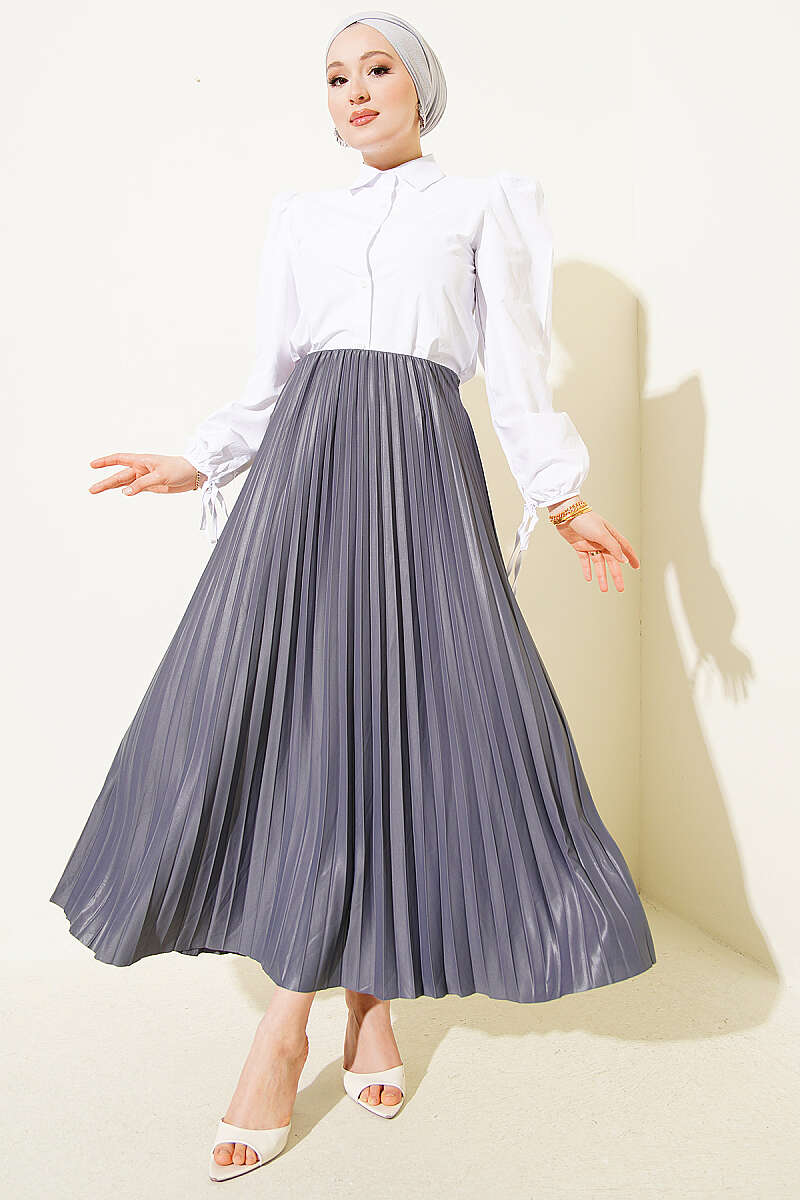 Pleated Faux Leather Skirt - Smoke Grey