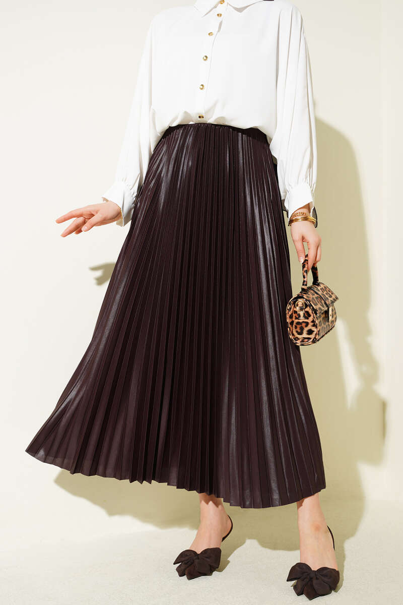 Pleated Faux Leather Skirt - Brown