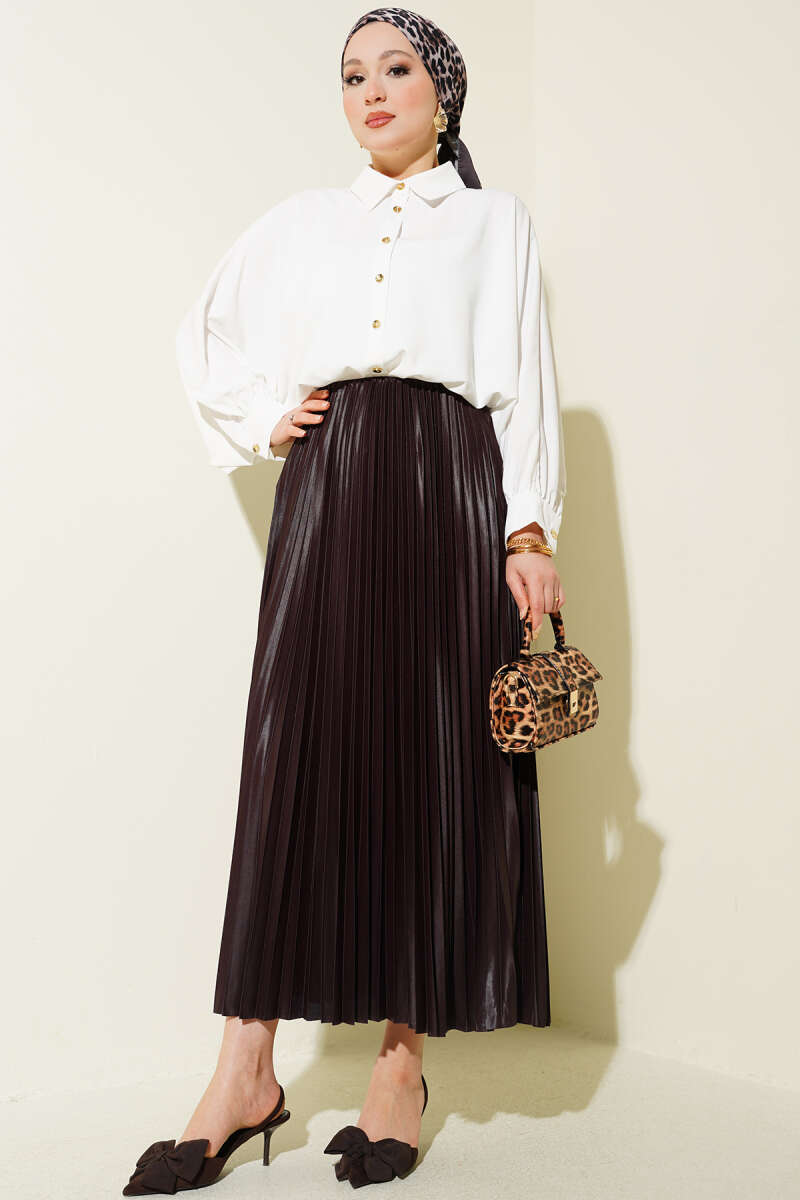 Pleated Faux Leather Skirt - Brown