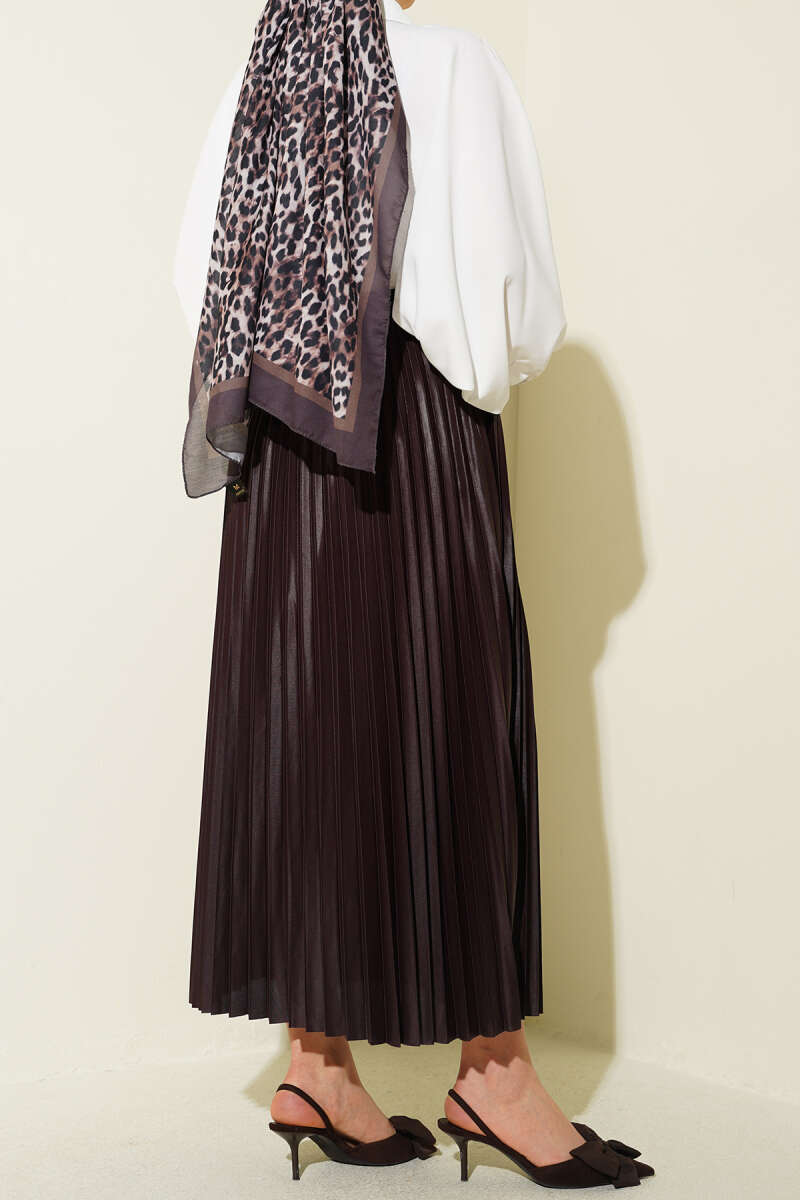 Pleated Faux Leather Skirt - Brown