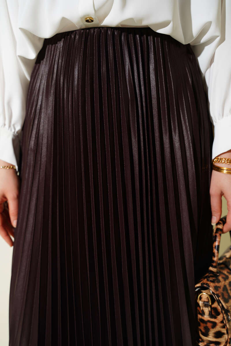 Pleated Faux Leather Skirt - Brown