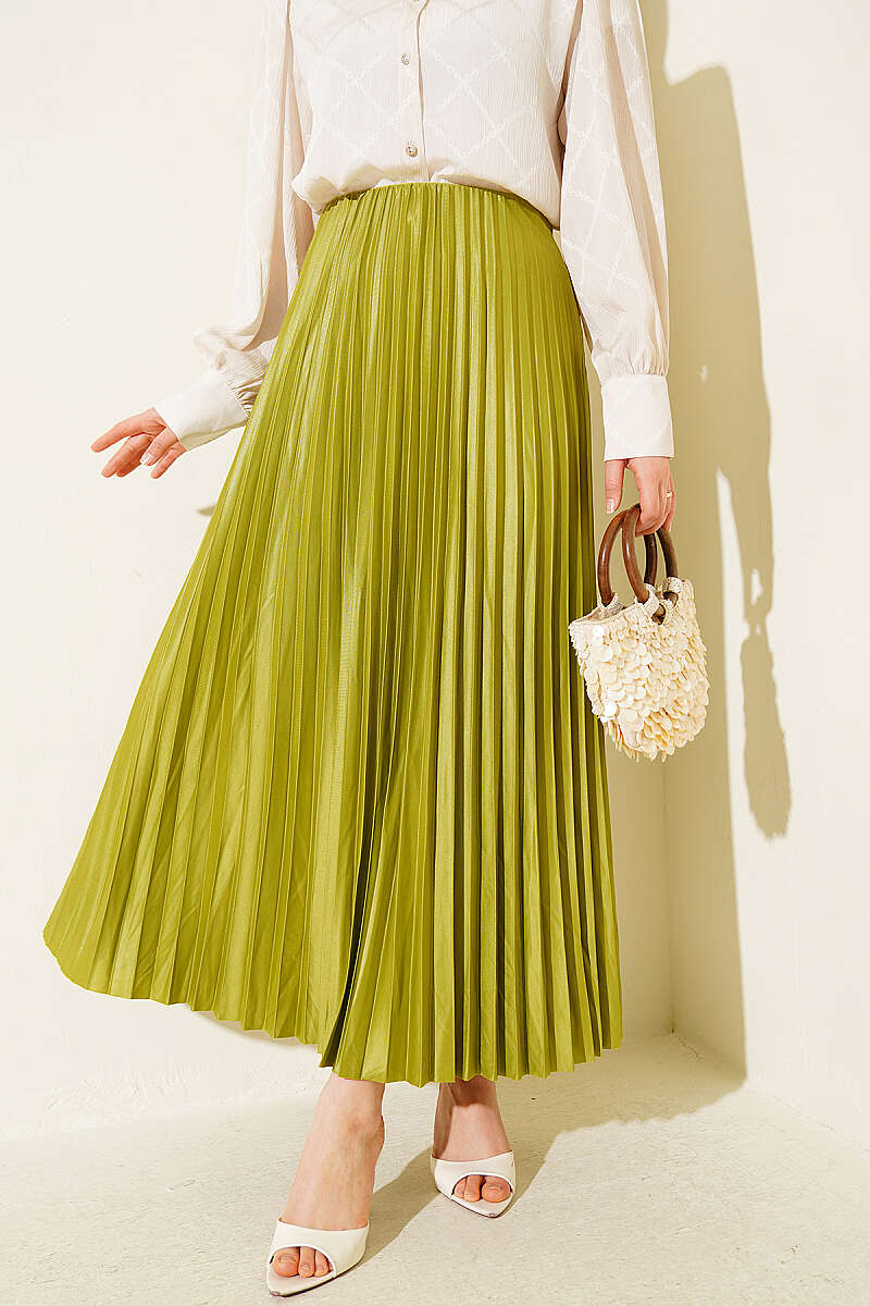 Pleated Faux Leather Skirt - Olive