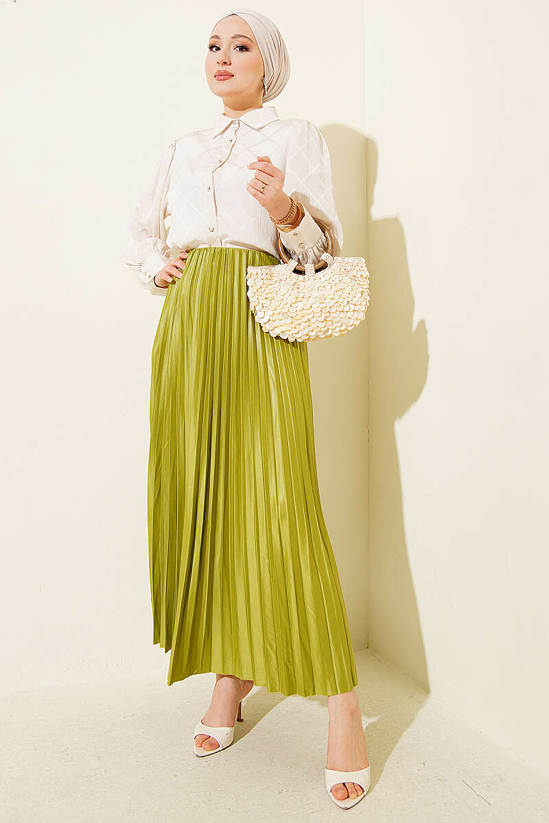 Pleated Faux Leather Skirt - Olive