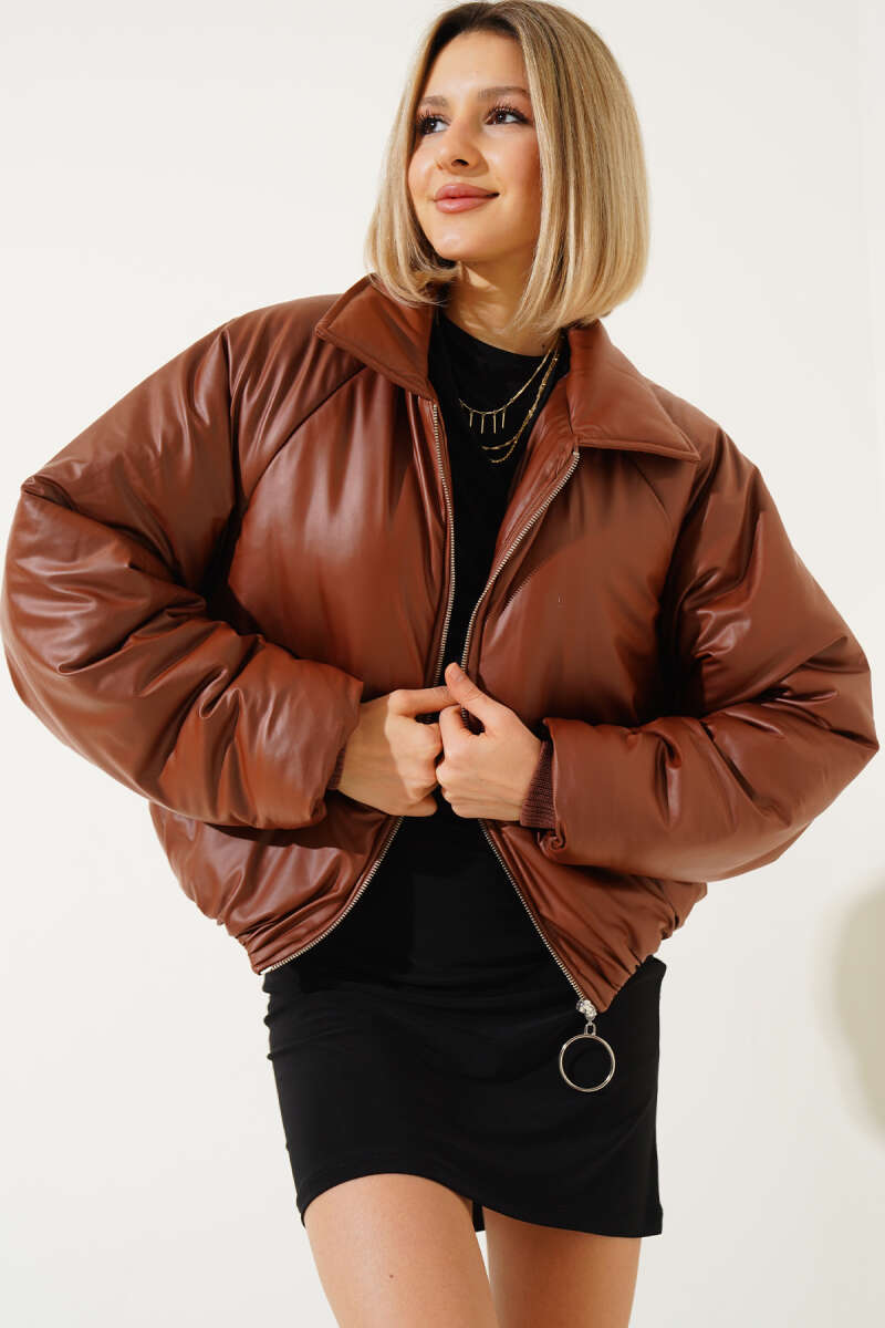 Faux Leather-Look Puffer Jacket - Tan