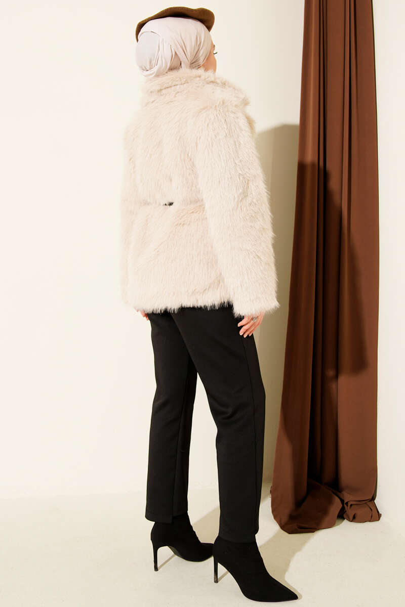 Faux Fur Coat with Leather Cord Belt - Beige