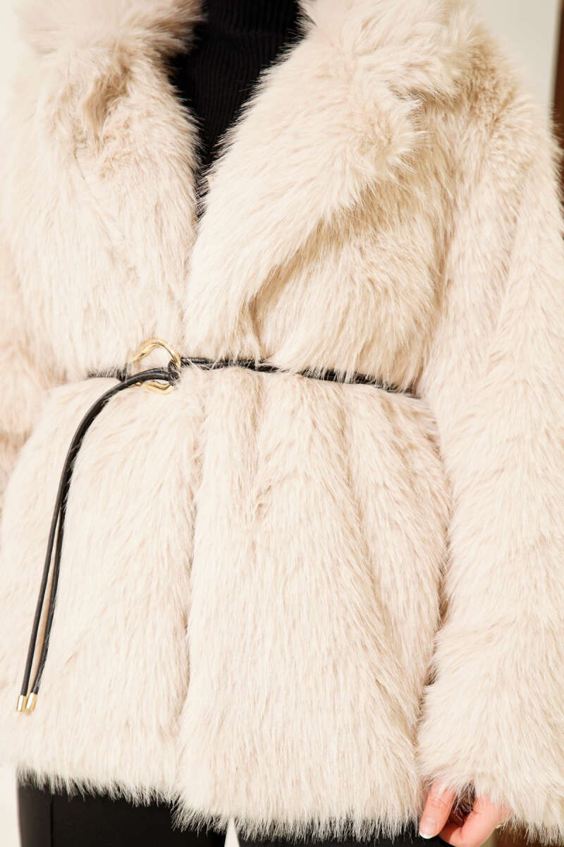 Faux Fur Coat with Leather Cord Belt - Beige