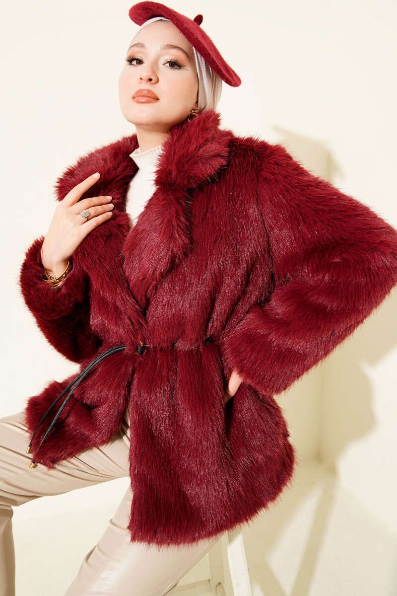 Faux Fur Coat with Leather Cord Belt - Burgundy