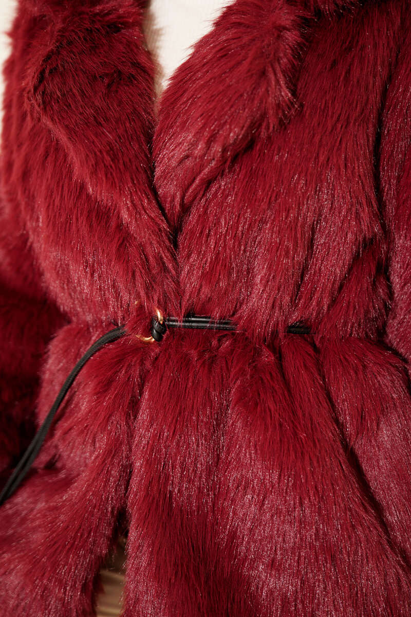 Faux Fur Coat with Leather Cord Belt - Burgundy