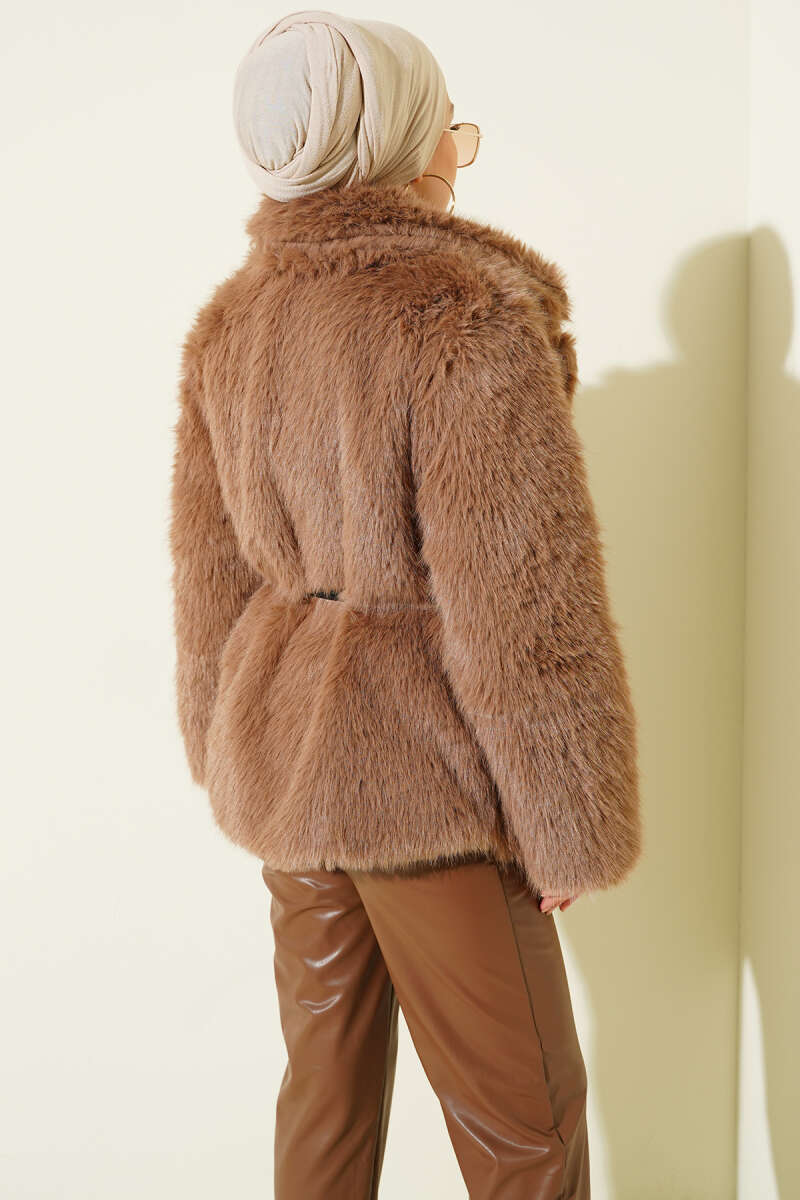 Faux Fur Coat with Leather Cord Belt - Latte