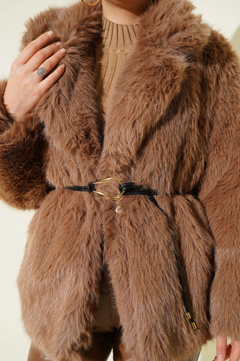 Faux Fur Coat with Leather Cord Belt - Latte
