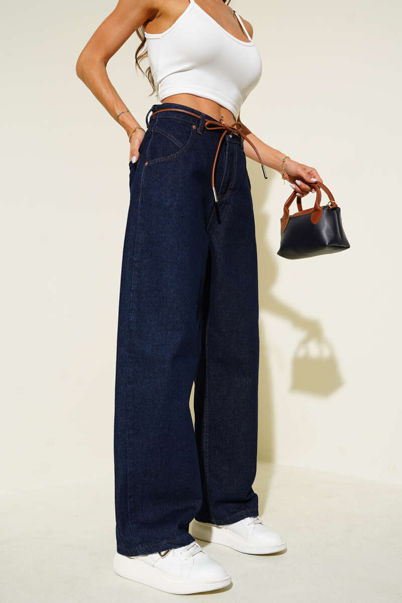 Loose-Leg Jeans with Leather Cord - Navy