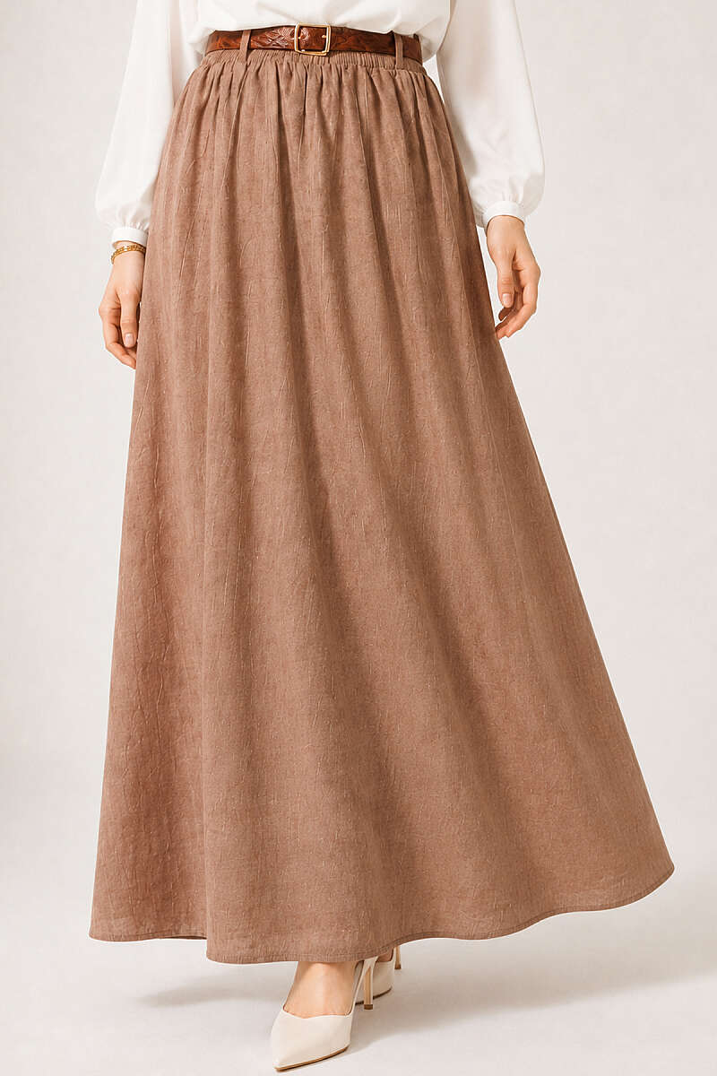 Skirt with Leather Belt and Elastic Waist - Latte