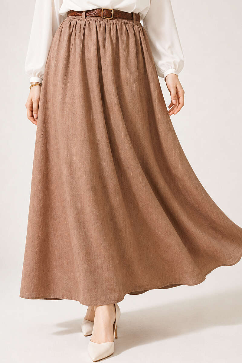 Skirt with Leather Belt and Elastic Waist - Latte