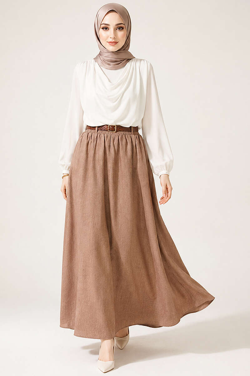 Skirt with Leather Belt and Elastic Waist - Latte