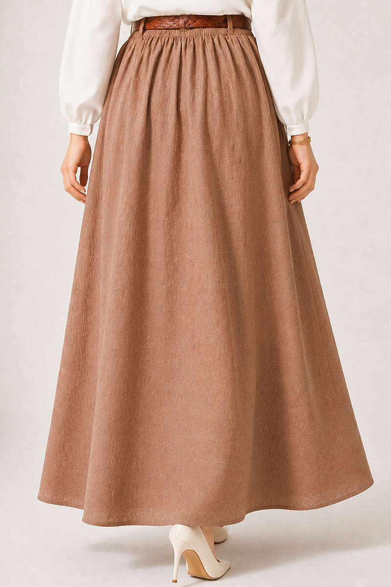 Skirt with Leather Belt and Elastic Waist - Latte