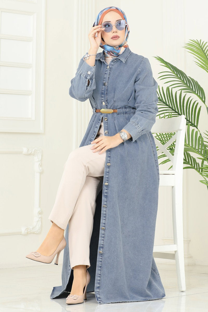 Denim Dress with Leather-Look Belt - Light Denim