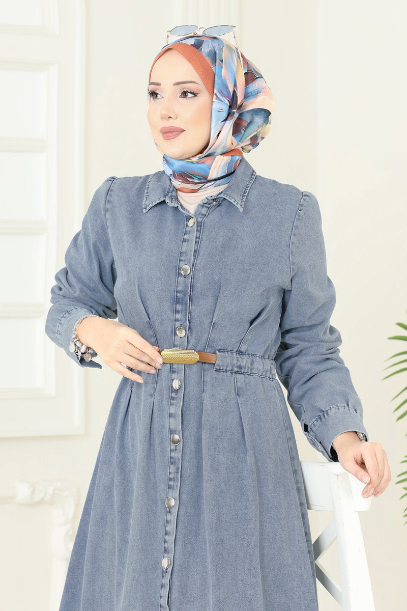 Denim Dress with Leather-Look Belt - Light Denim