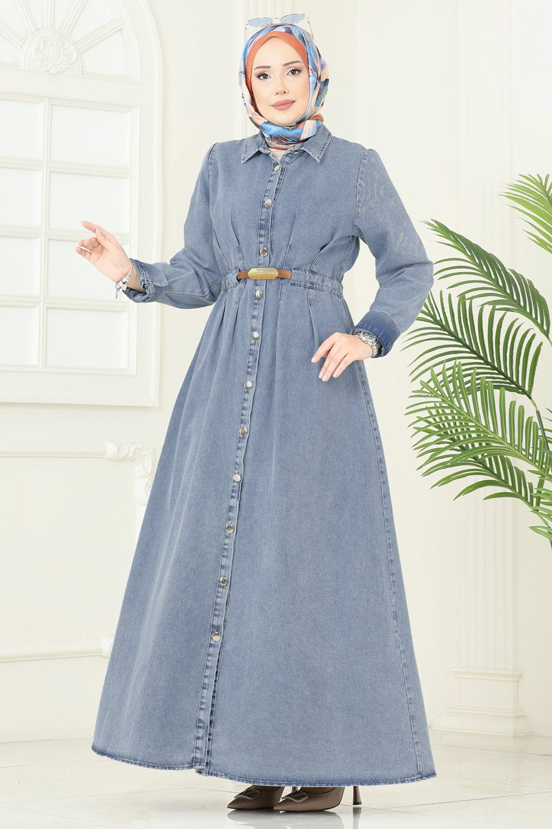 Denim Dress with Leather-Look Belt - Light Denim