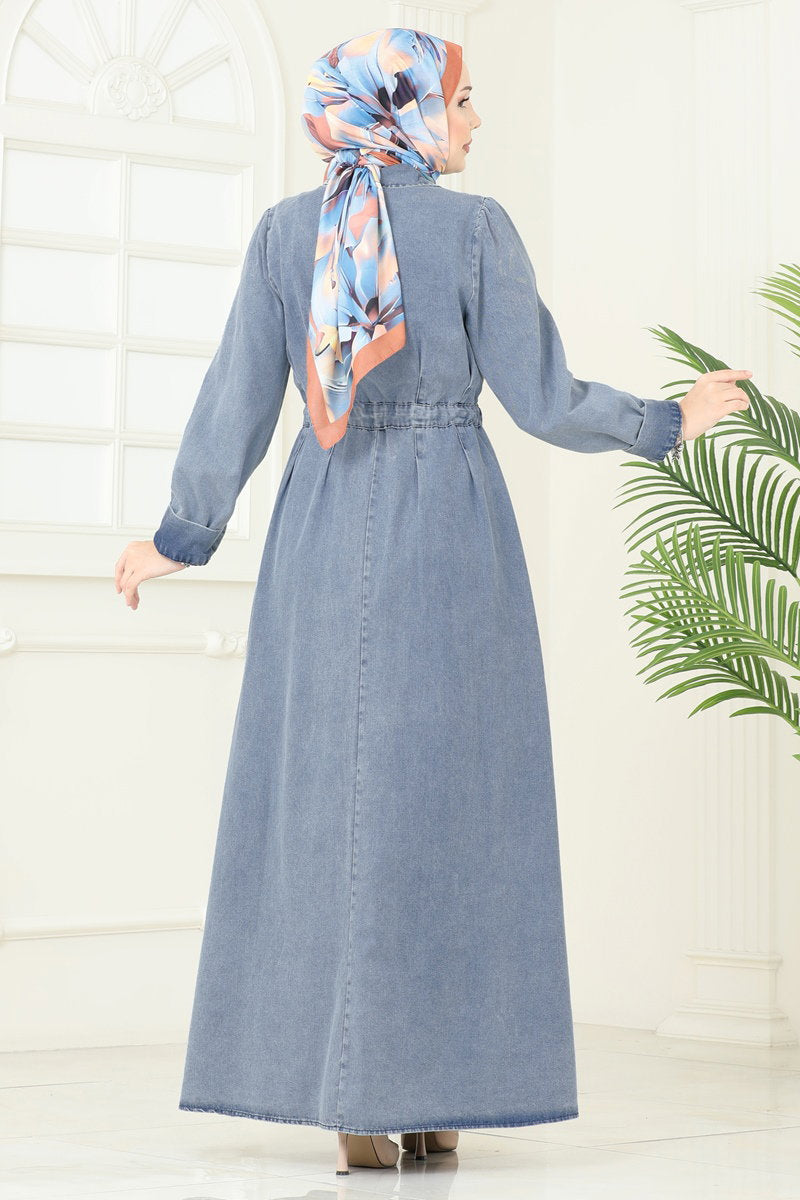 Denim Dress with Leather-Look Belt - Light Denim