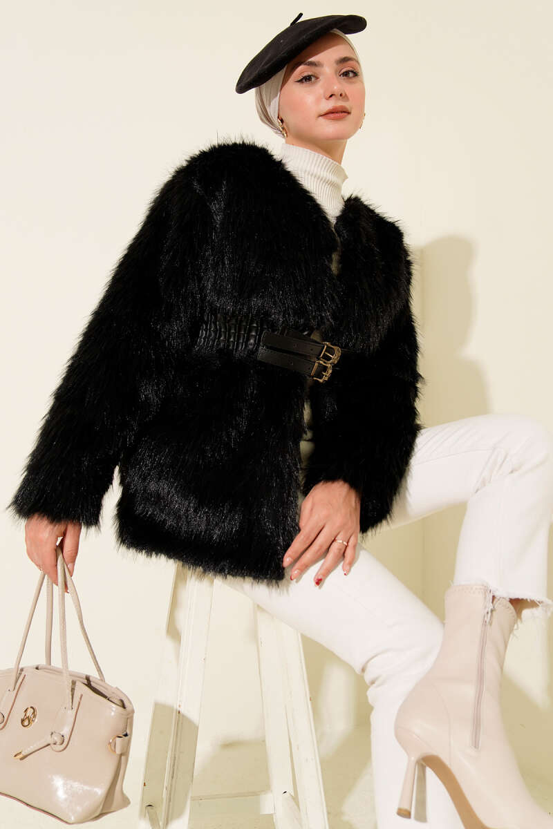 Faux Fur Coat with Leather Belt - Black