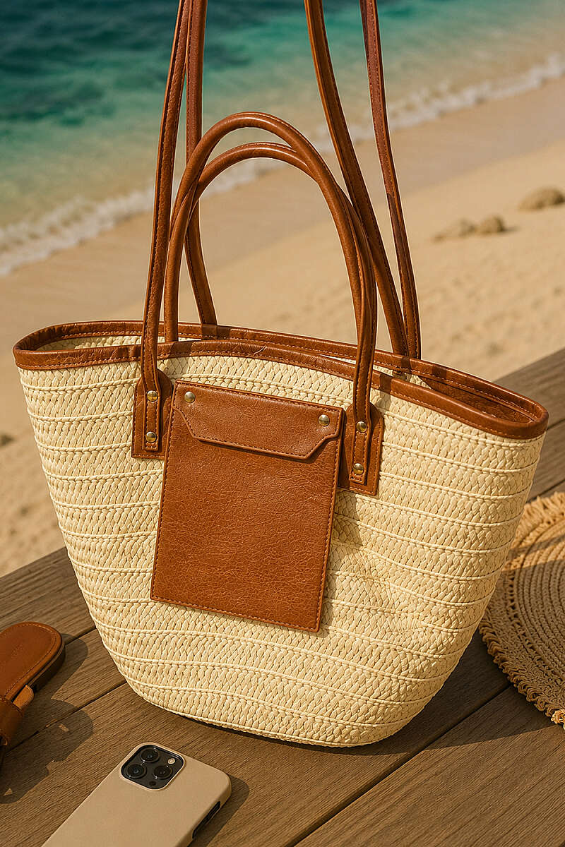 Straw Bag with Faux Leather Handles - Beige