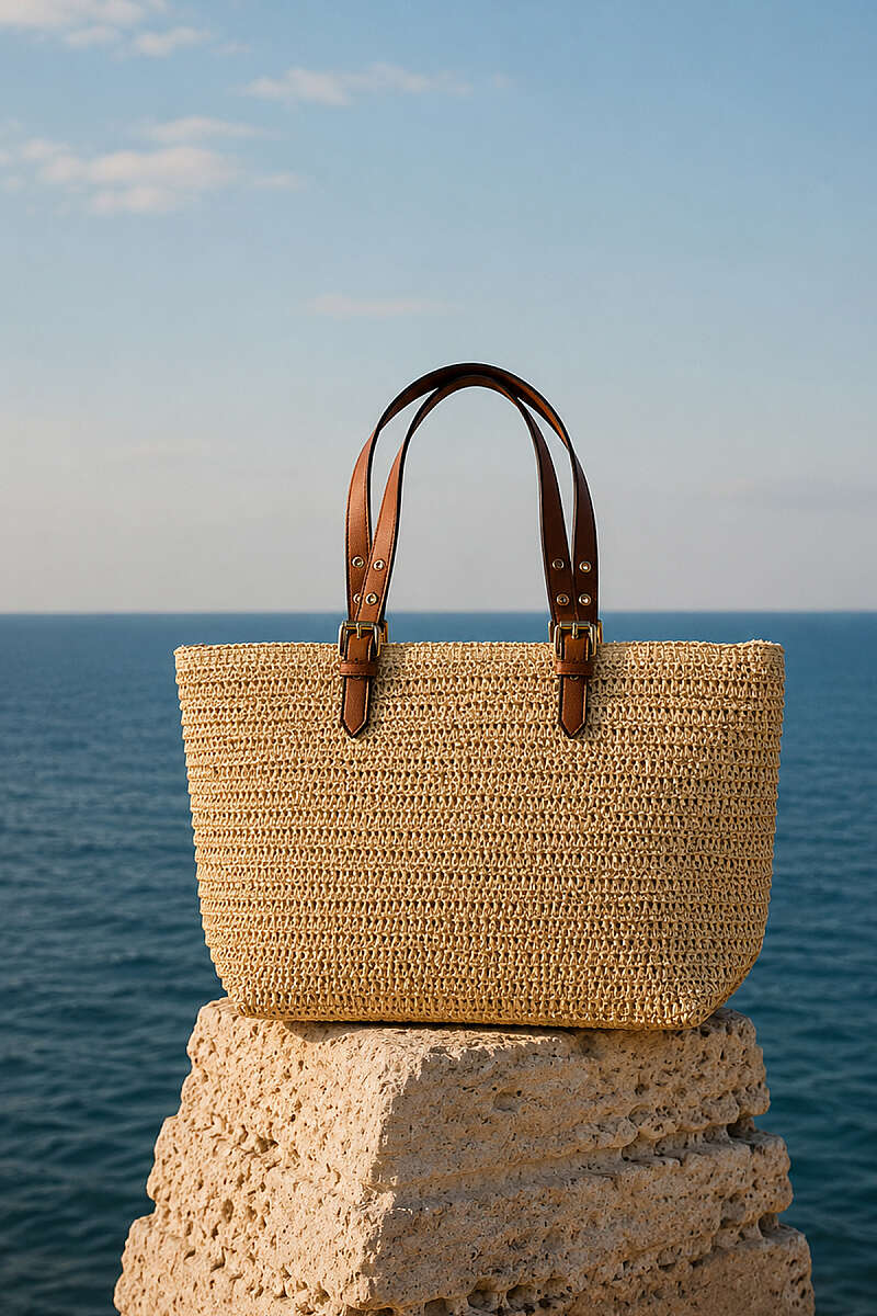 Straw Bag with Leather Handles - Beige