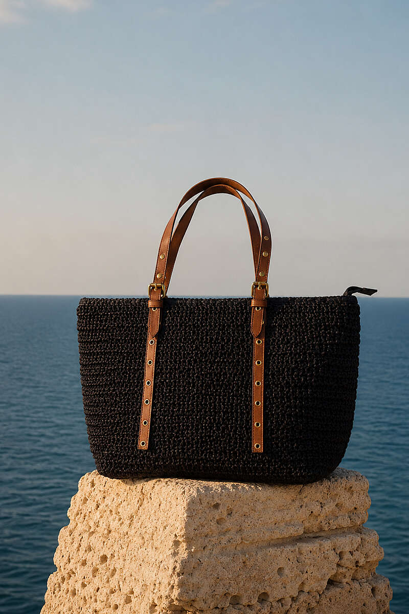 Straw Bag with Leather Handles - Black