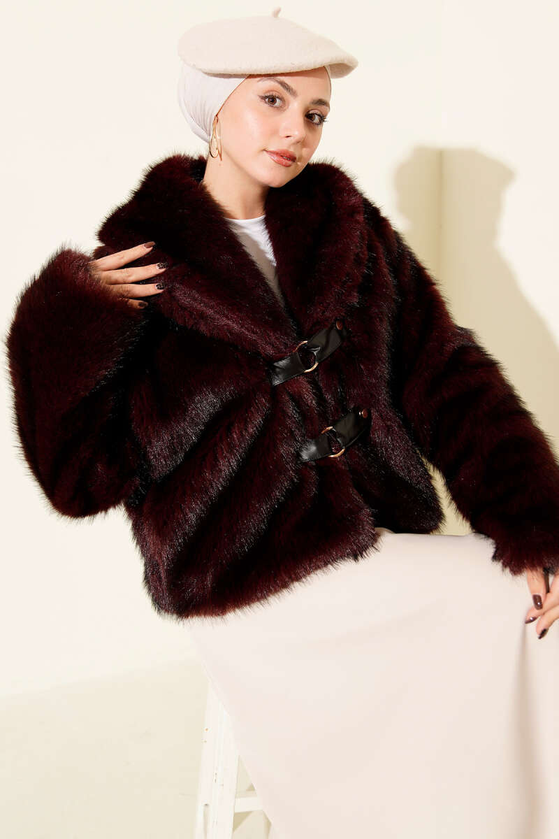 Short Faux Fur Coat with Leather Buckle - Burgundy
