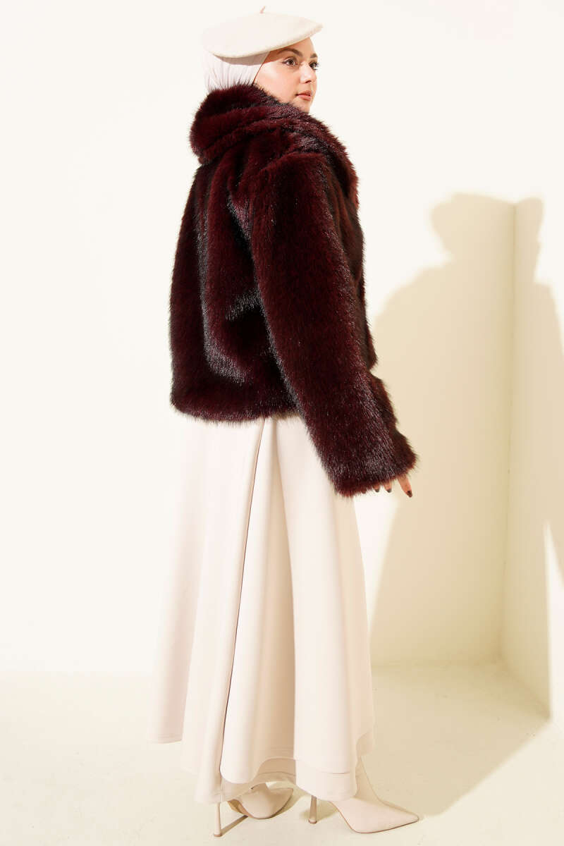 Short Faux Fur Coat with Leather Buckle - Burgundy