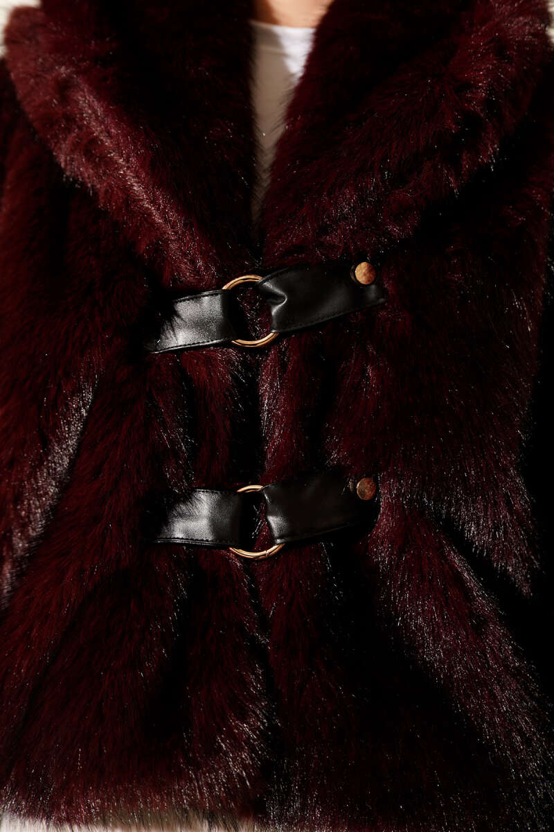 Short Faux Fur Coat with Leather Buckle - Burgundy
