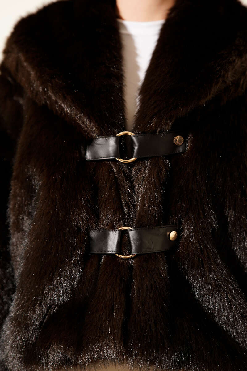 Short Faux Fur Coat with Leather Buckle - Brown