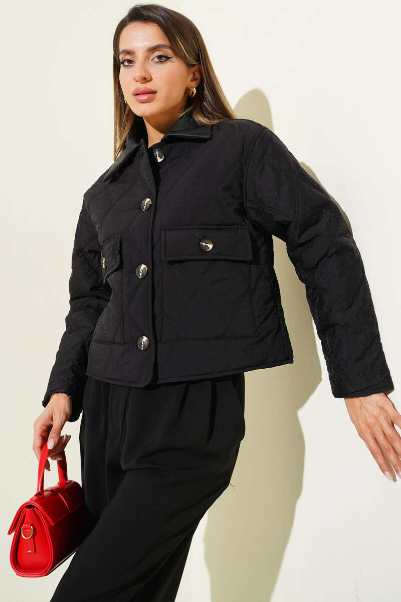 Short Quilted Jacket with Faux Leather Collar - Black