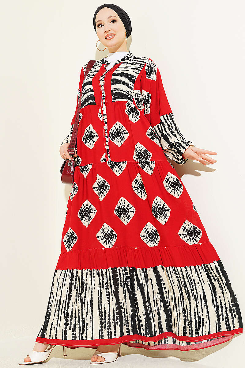 Patterned Ruffle Dress with Mandarin Collar - Burgundy