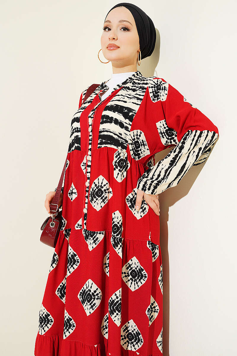 Patterned Ruffle Dress with Mandarin Collar - Burgundy