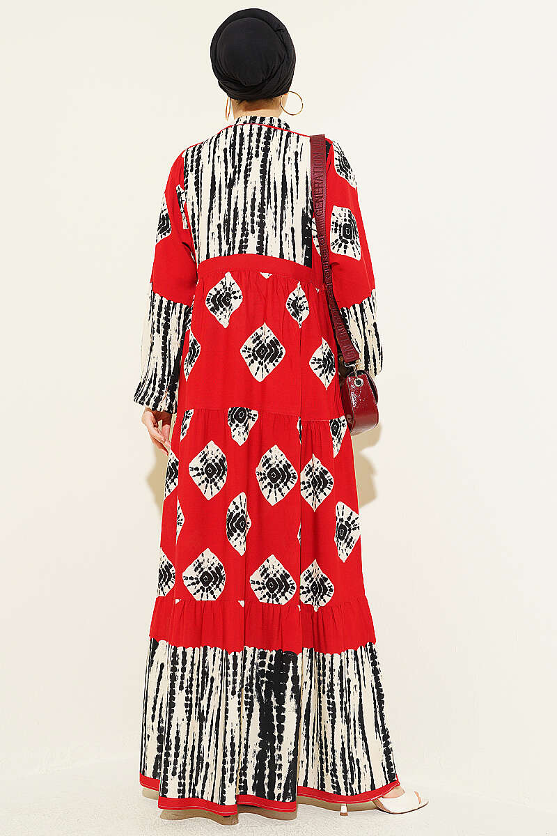 Patterned Ruffle Dress with Mandarin Collar - Burgundy