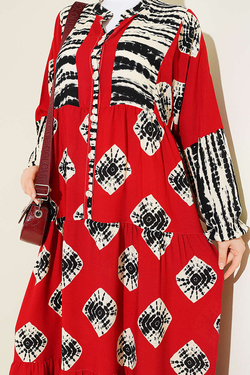Patterned Ruffle Dress with Mandarin Collar - Burgundy