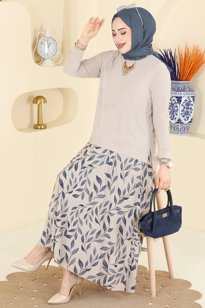 Printed Sandy Crepe Skirt Set - Light Stone