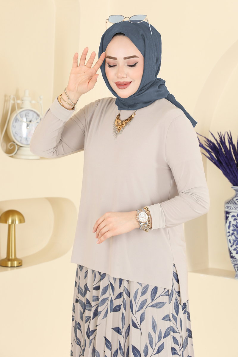 Printed Sandy Crepe Skirt Set - Light Stone