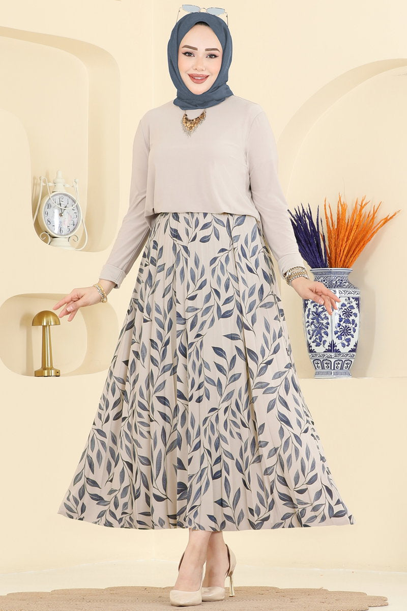 Printed Sandy Crepe Skirt Set - Light Stone