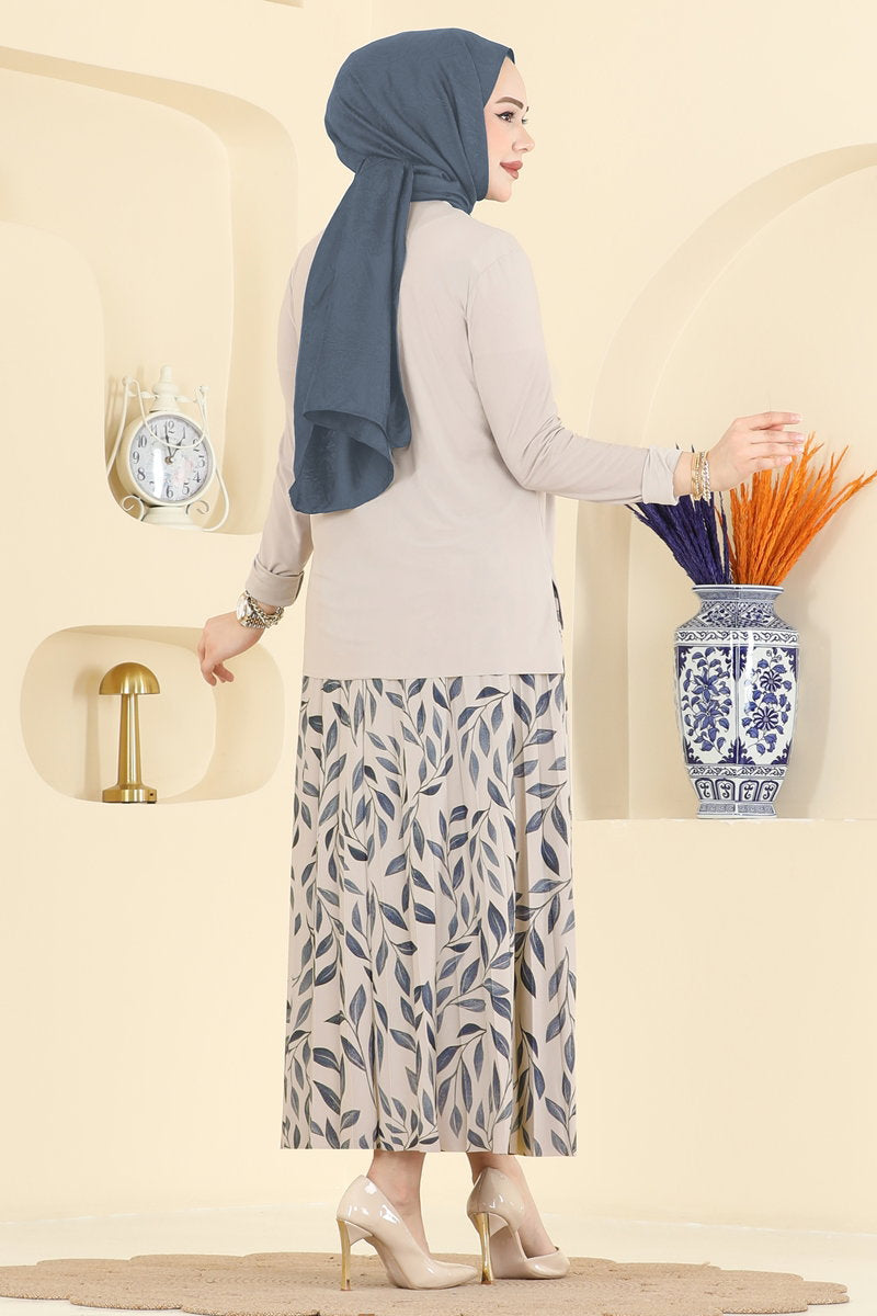 Printed Sandy Crepe Skirt Set - Light Stone