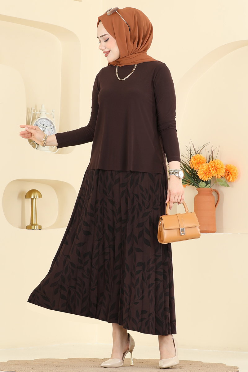 Printed Sandy Crepe Skirt Set - Brown