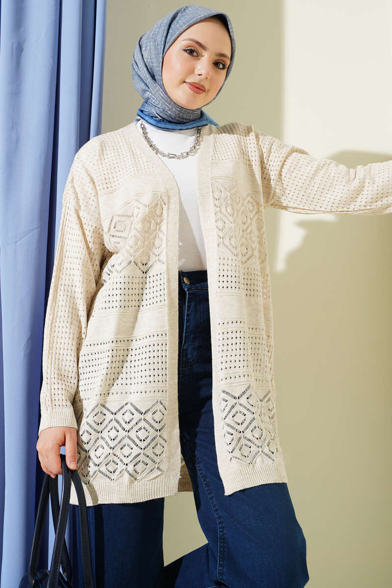 Basic Patterned Pointelle Knit Cardigan - Beige