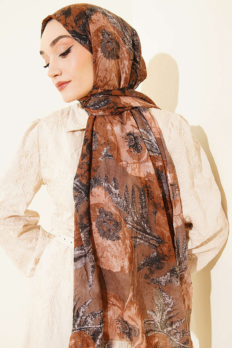 Aya Series Patterned Bamboo Crinkle Shawl - Brown