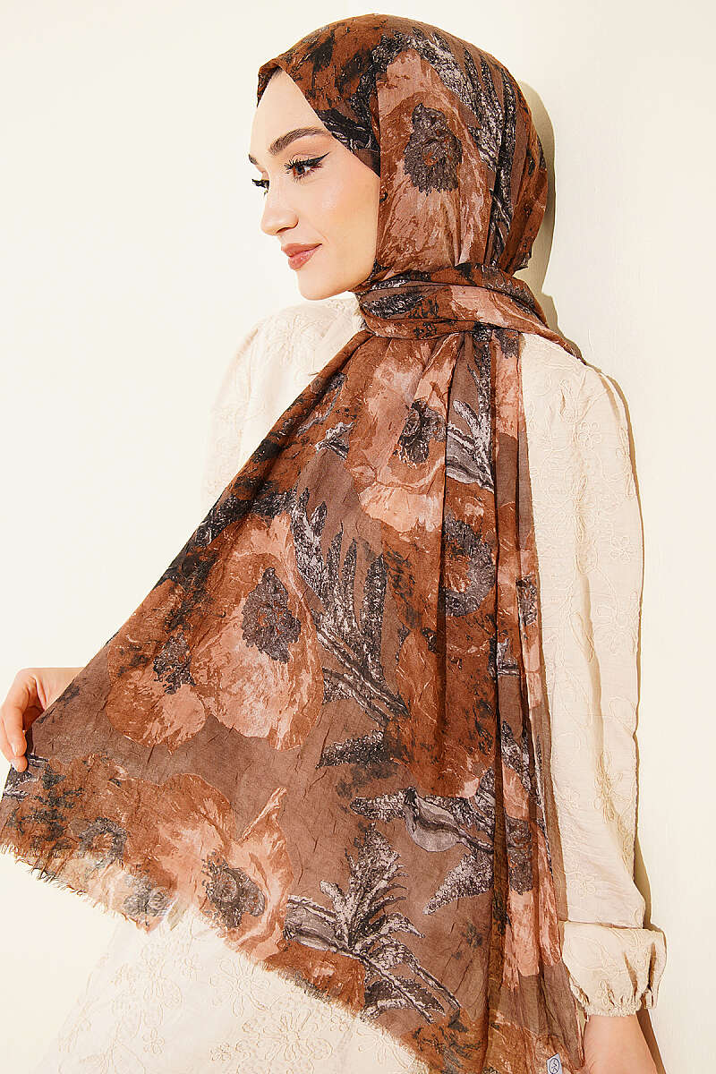 Aya Series Patterned Bamboo Crinkle Shawl - Brown