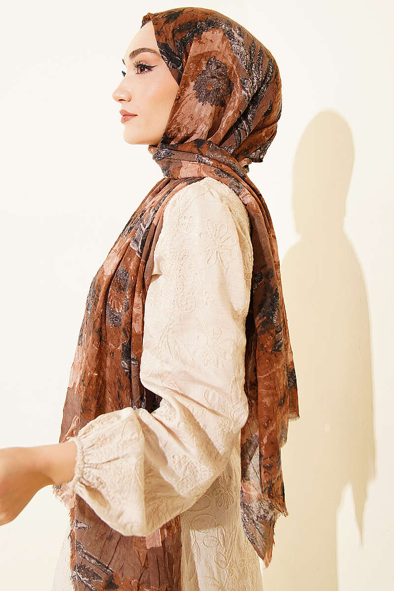 Aya Series Patterned Bamboo Crinkle Shawl - Brown