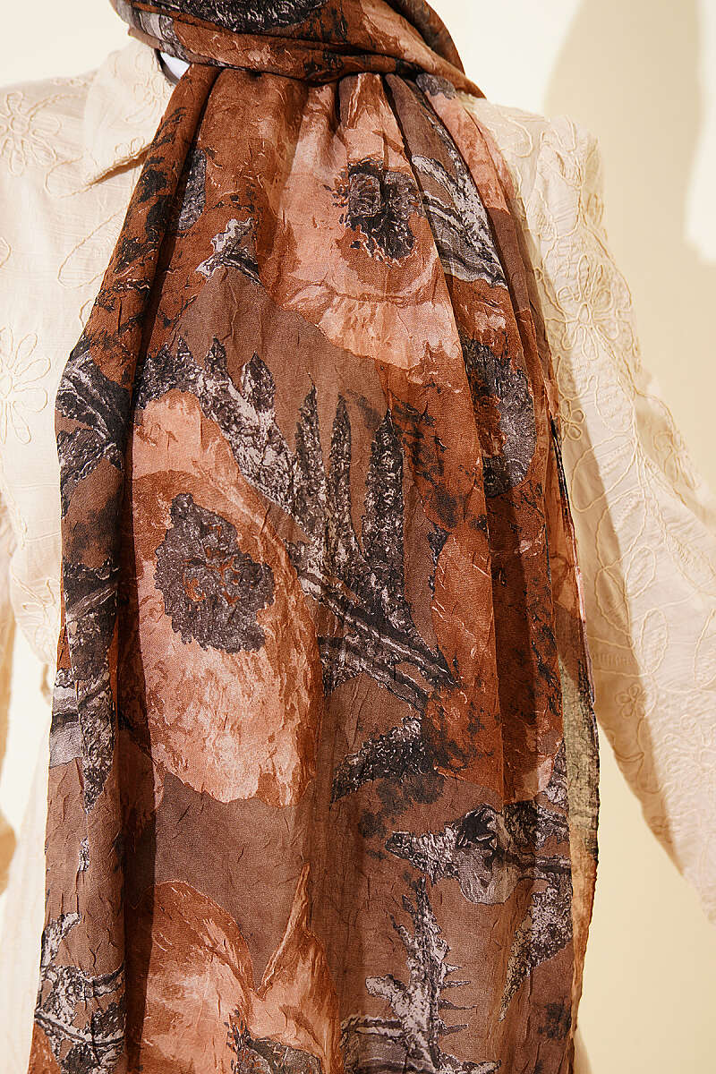 Aya Series Patterned Bamboo Crinkle Shawl - Brown