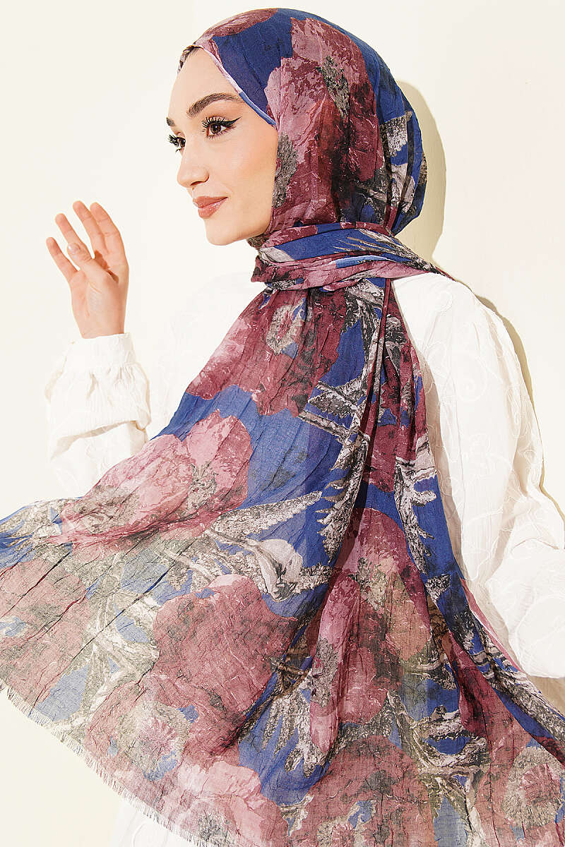 Aya Series Patterned Bamboo Crinkle Shawl - Navy