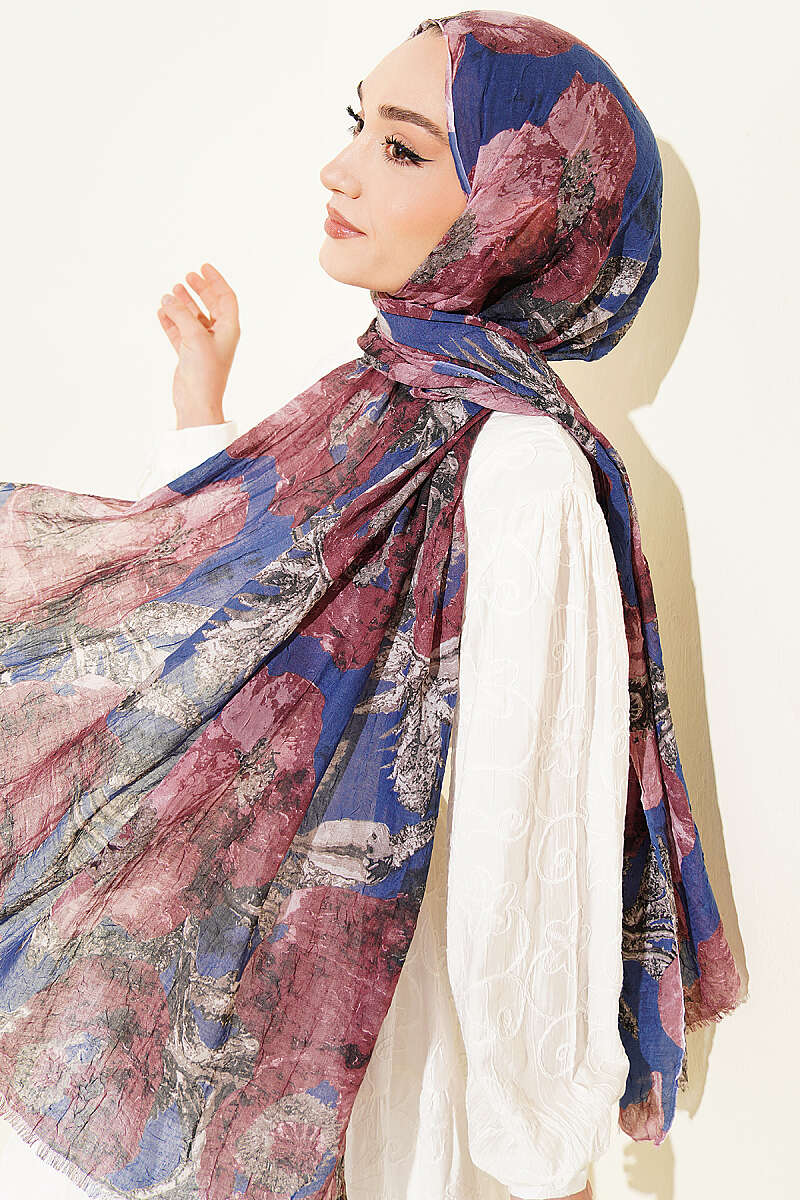 Aya Series Patterned Bamboo Crinkle Shawl - Navy