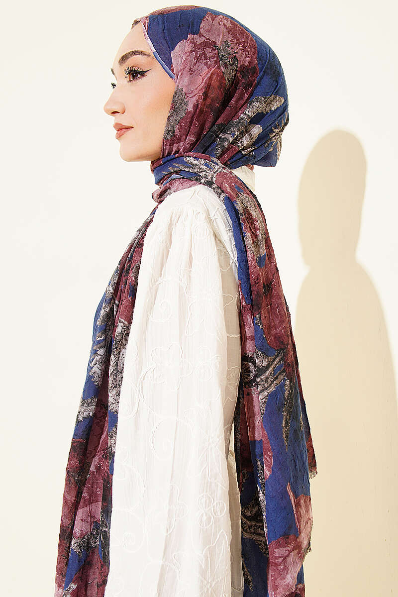 Aya Series Patterned Bamboo Crinkle Shawl - Navy
