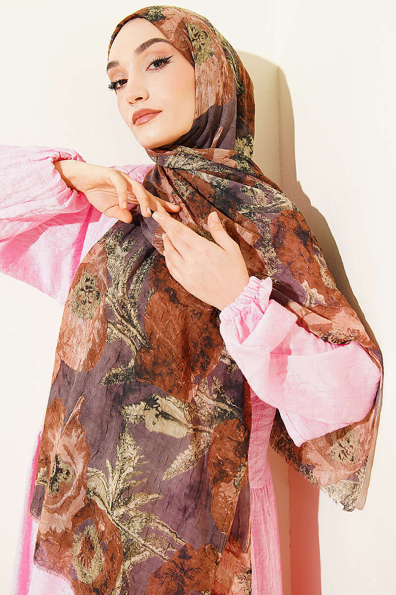 Aya Series Patterned Bamboo Crinkle Shawl - Latte